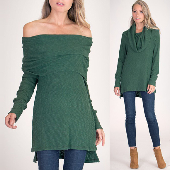 Green 2 in 1 Cowl offshoulder Knit Tunic Top - Picture 1 of 3